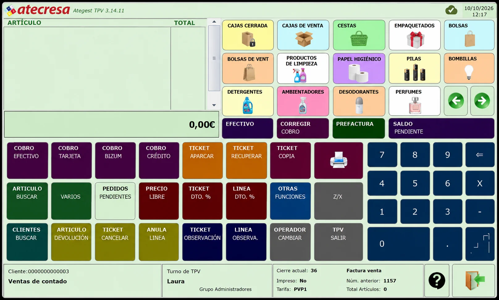 Pantalla de software TPV configurada para un comercio